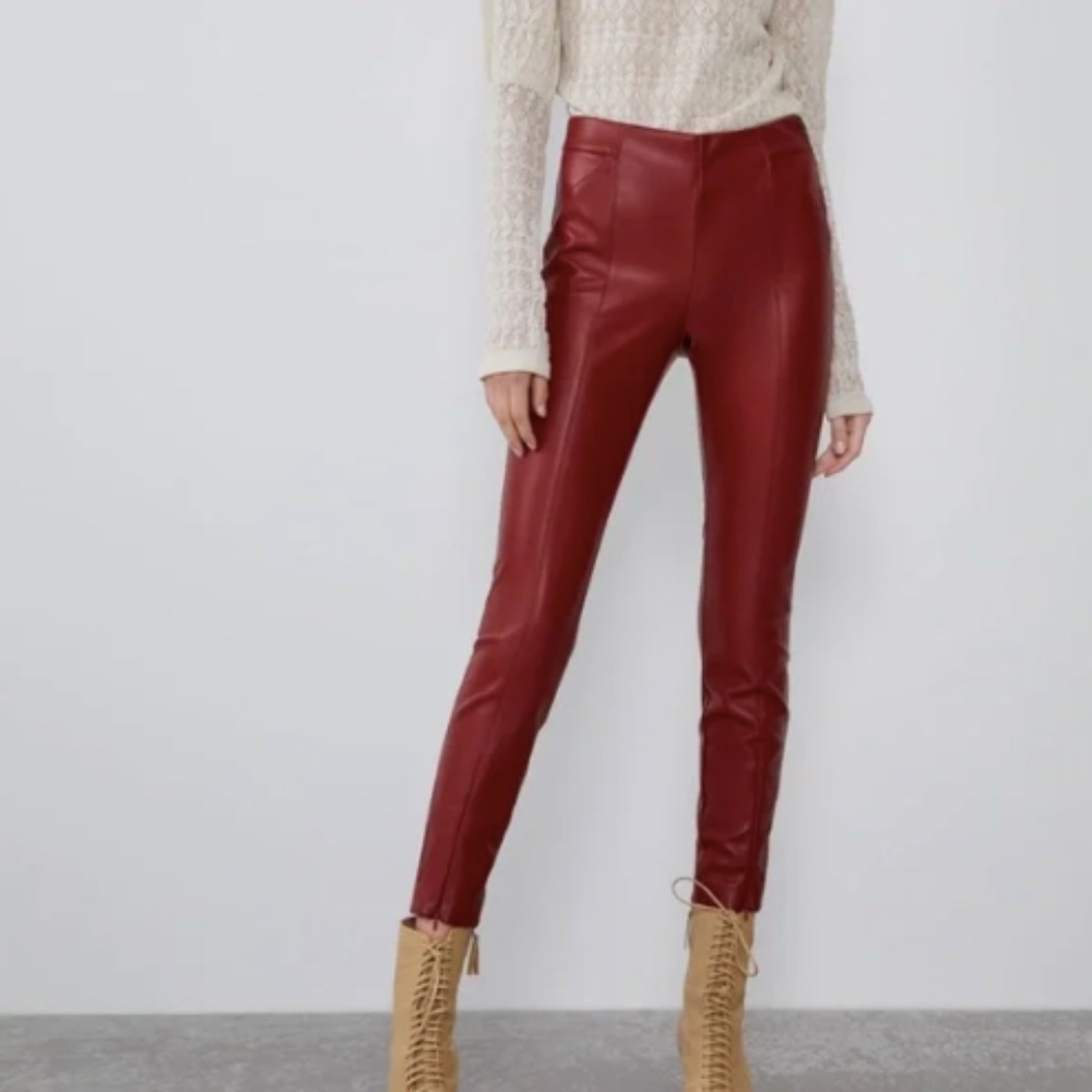 Zara red faux leather mid-rise leggings